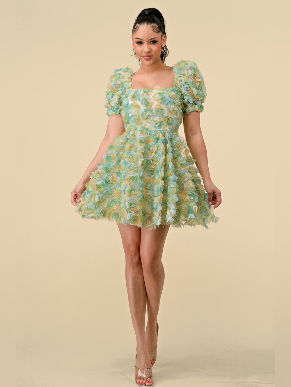 3D Floral Mini Dress in Ivory and Pastel Blue